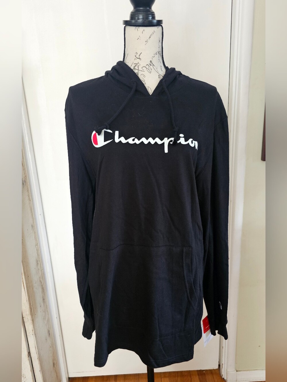 NWT Champion Men’s Black Pullover Hoodie with White Script Logo